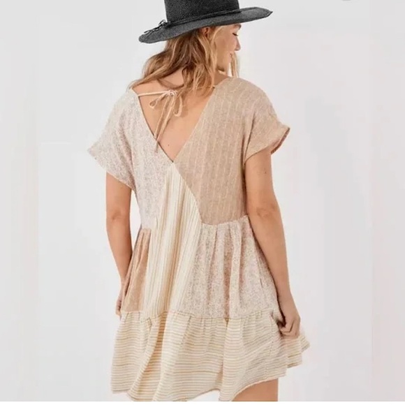 🍂 American Eagle Outfitters Asymmetrical Patchwork Dress - Beige and Cream - Picture 2 of 5